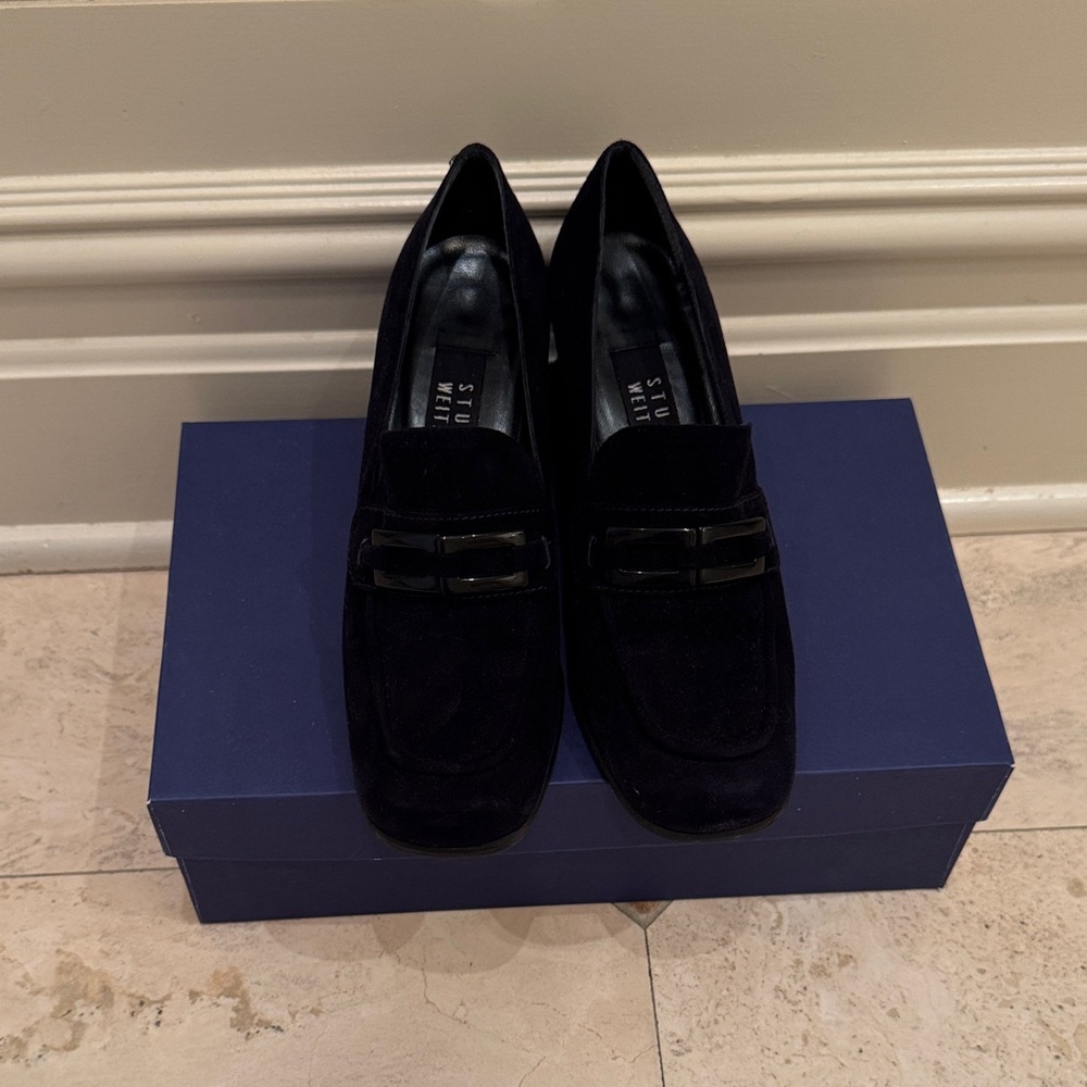 Stuart Weitzman Black Suede Slip-On Loafers with Bit Detail